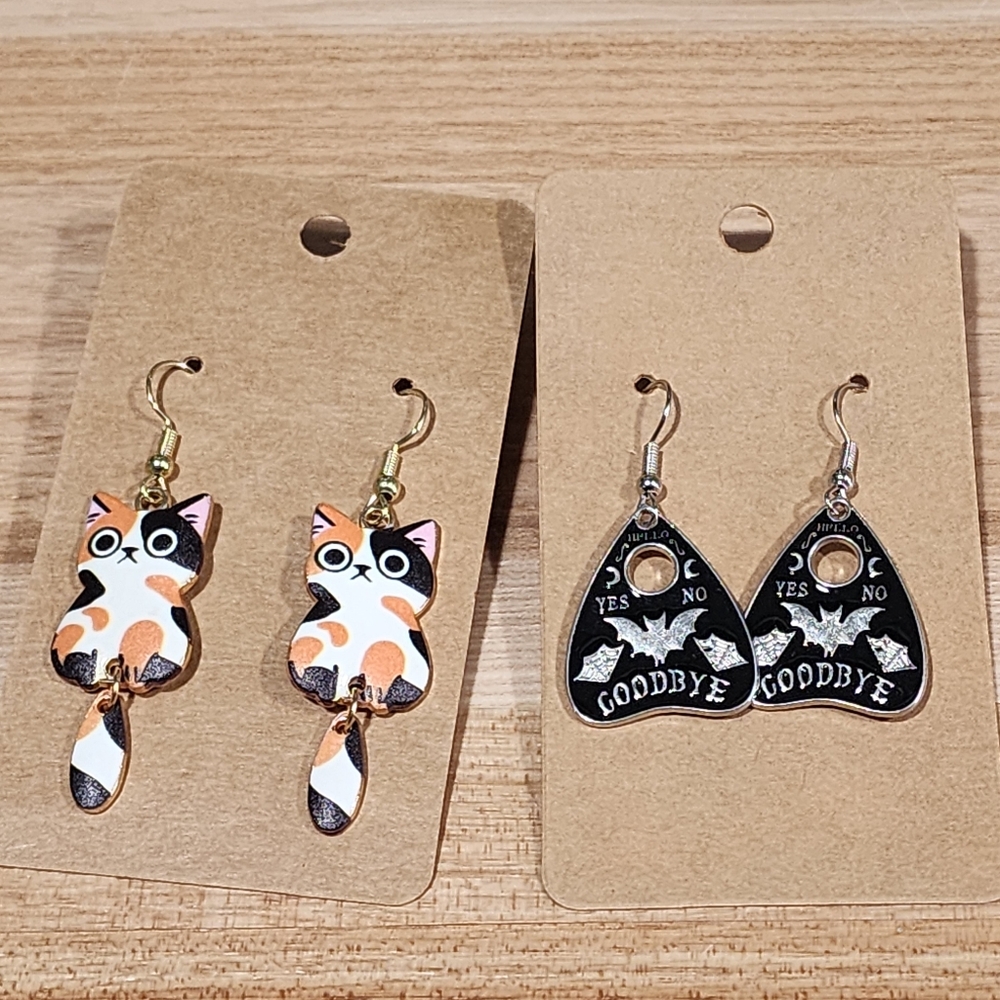 Handmade Calico Cat With Dangle Tail and Ouija Board Eye With Bats Earrings Set